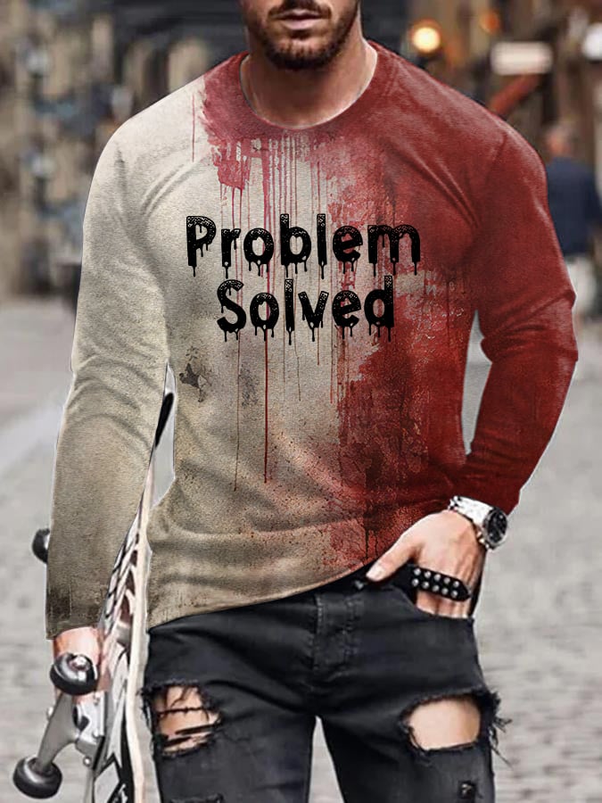 Men's Bloody Problem Solved Halloween Print Long Sleeve T-Shirt