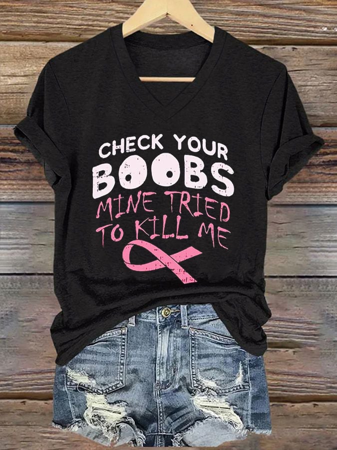 Women's Breast Cancer Awareness Printed Casual V-Neck T-Shirt