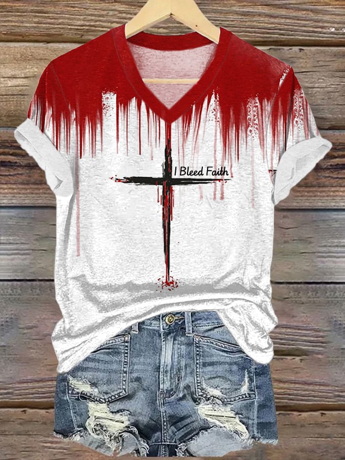Women's Casual Bloodstain Faith Print V-Neck Short Sleeve T-Shirt