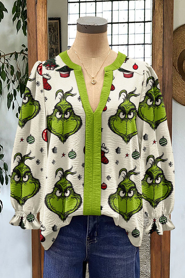 Funny Christmas Grinch Print Puff Sleeve Blouse