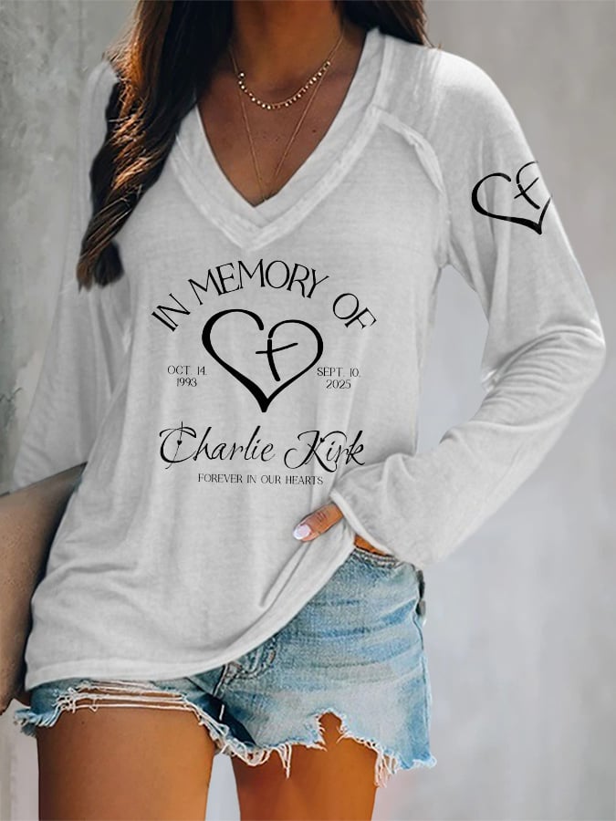 V-neck Retro Forever In Our Hearts Print T-Shirt
