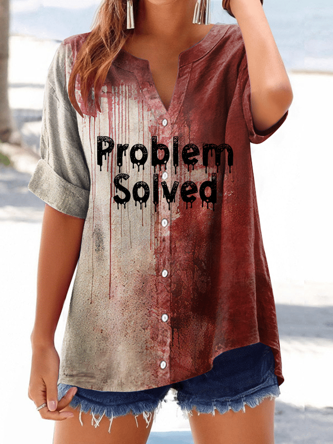 Women's Bloody Problem Solved Halloween Print Button-Down V-Neck Casual Shirt