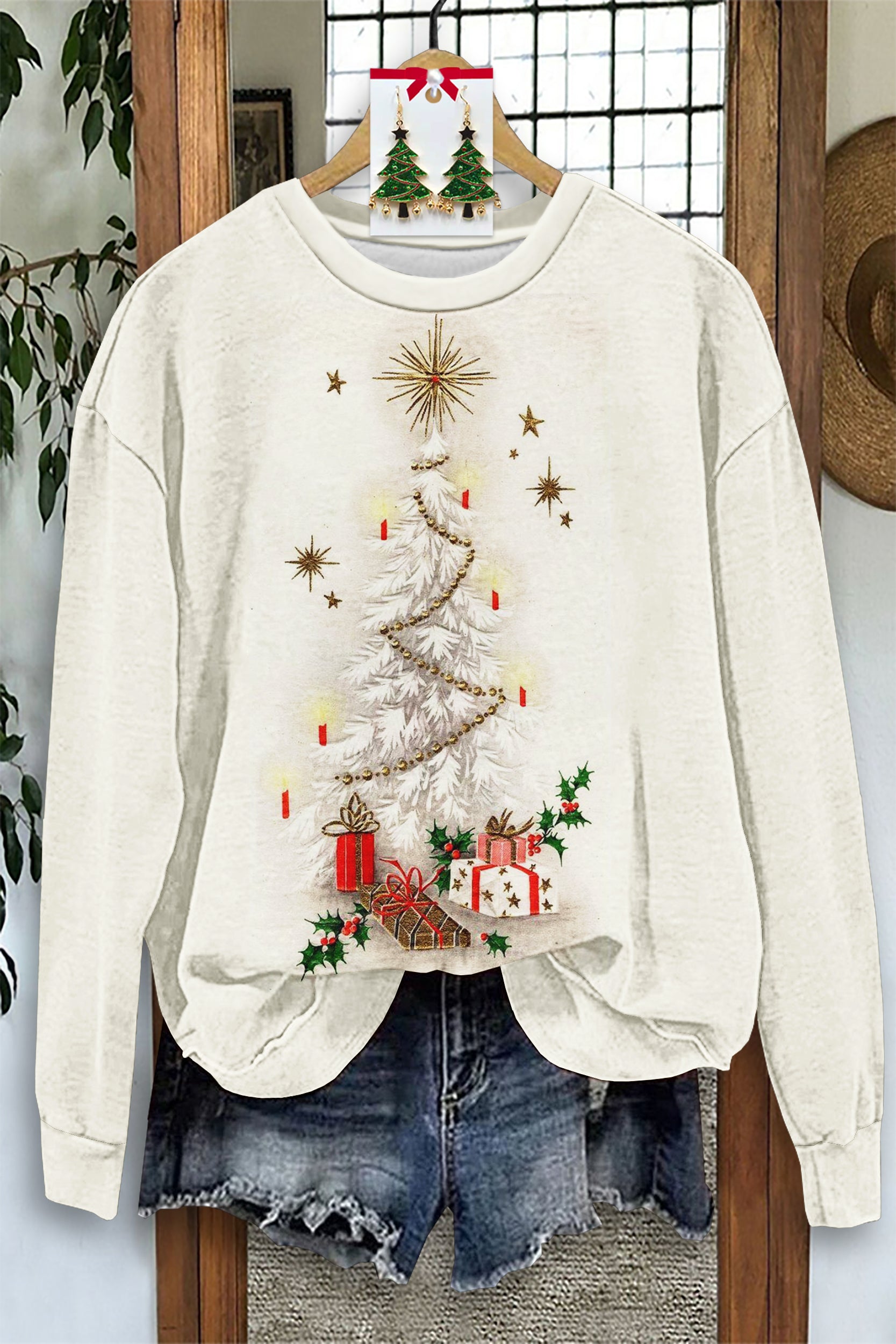 Casual Christmas Tree Print Long Sleeve Sweatshirt