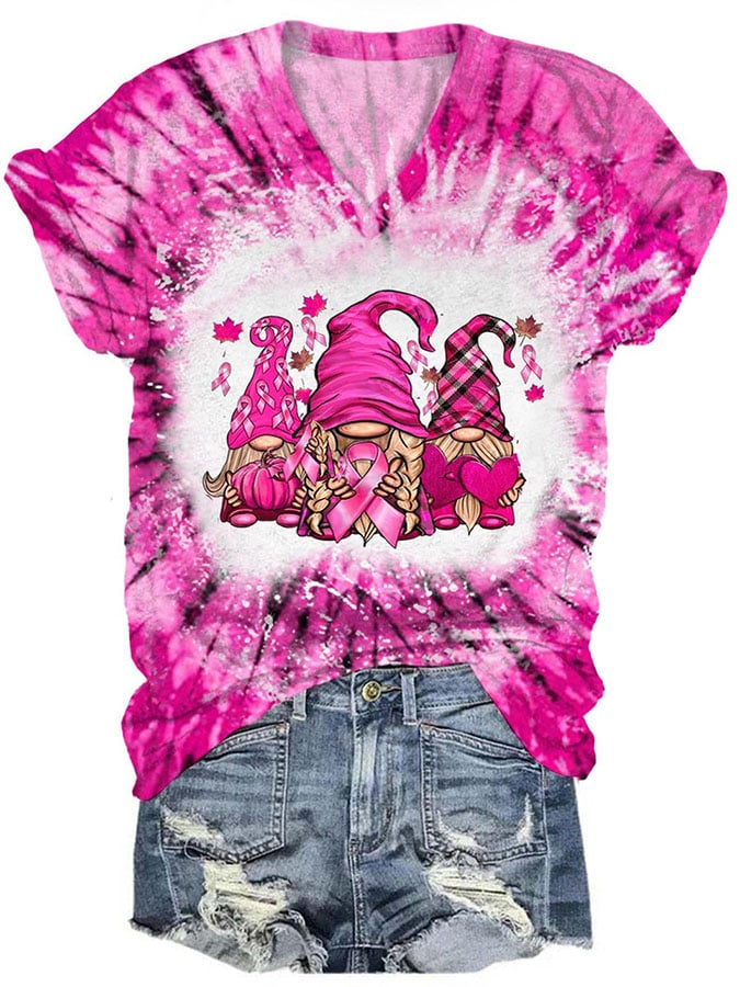 V-Neck Breast Cancer Awareness Tie Dye Gnomes Print T-Shirt