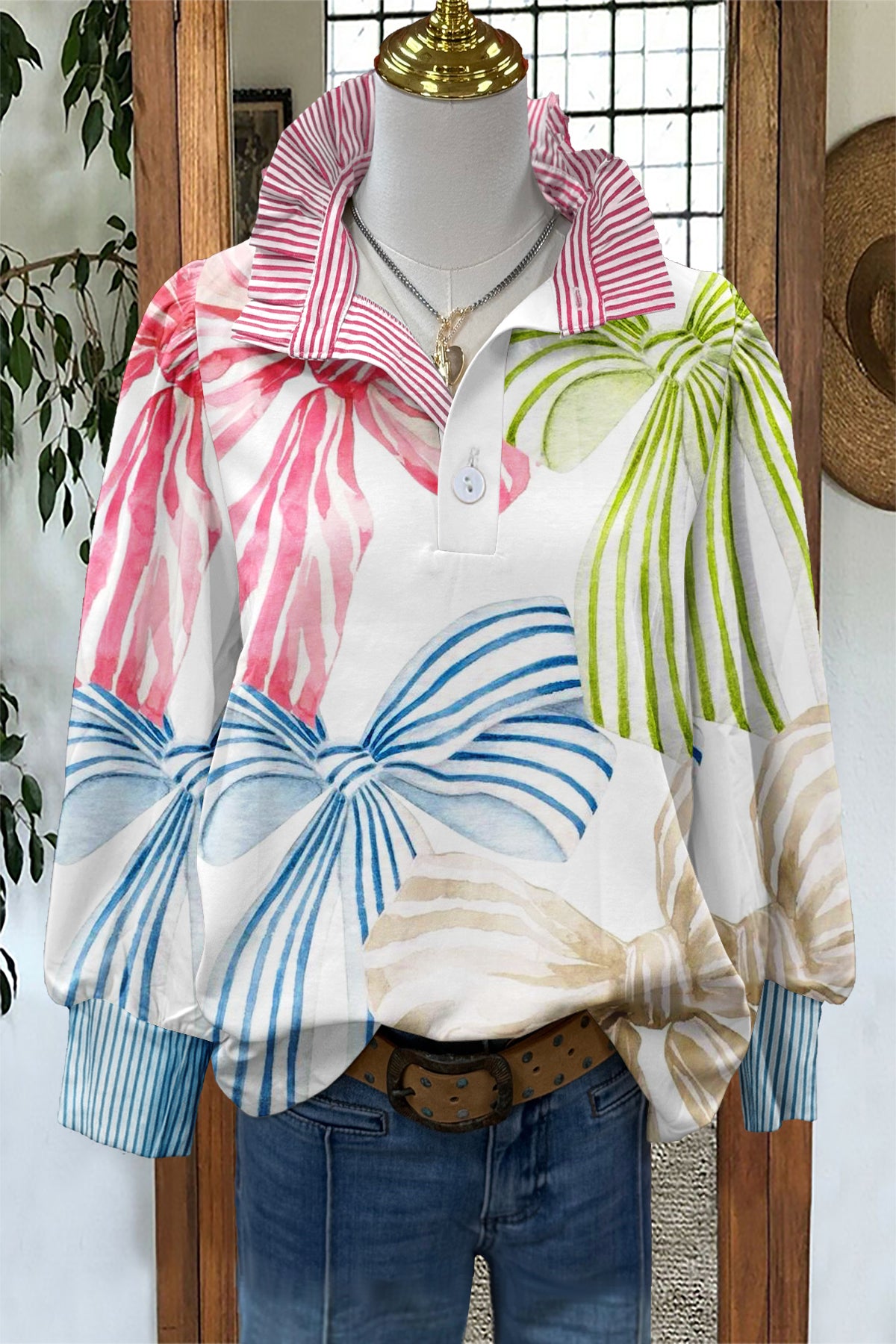 Fresh Bow Print Stand Collar Blouse