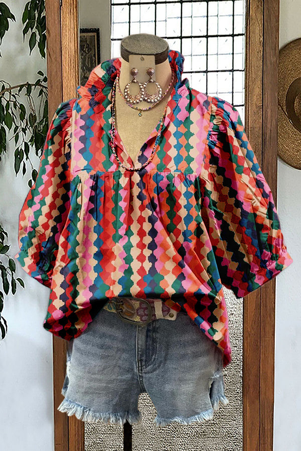 Colorful Retro Print Puff Sleeve Blouse
