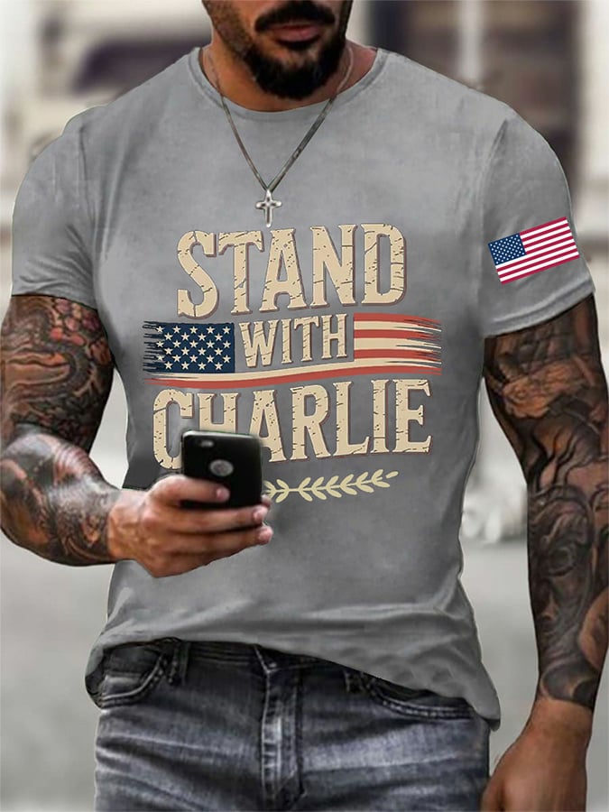 Men's Stand With Charlie Kirk  Print Round Neck T-Shirt