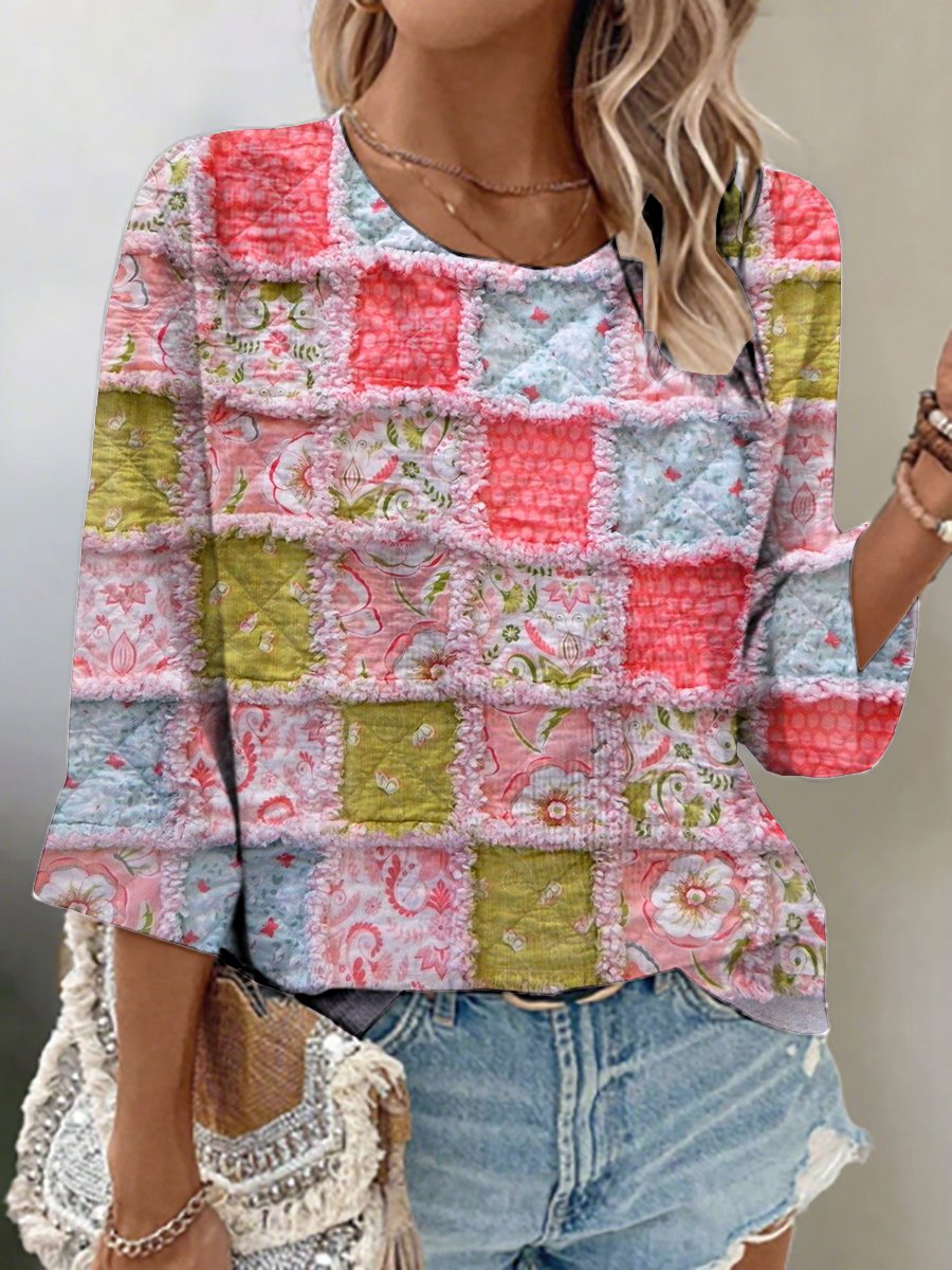 Women's casual pink waffle patch long-sleeved T-shirt