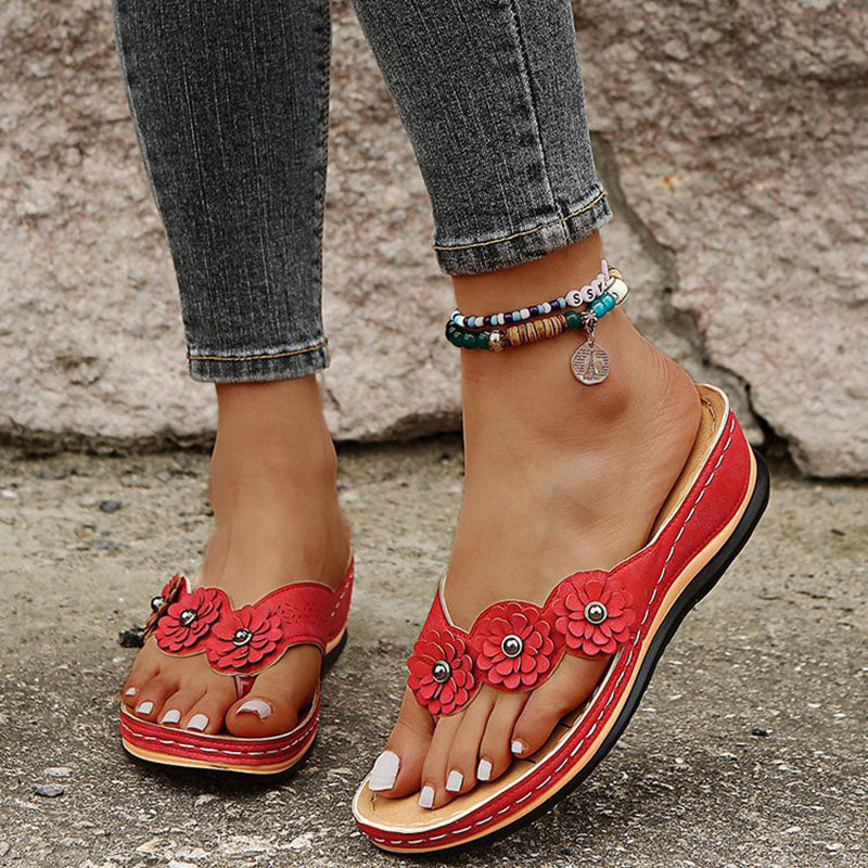 Flower Wedge Thong Slippers