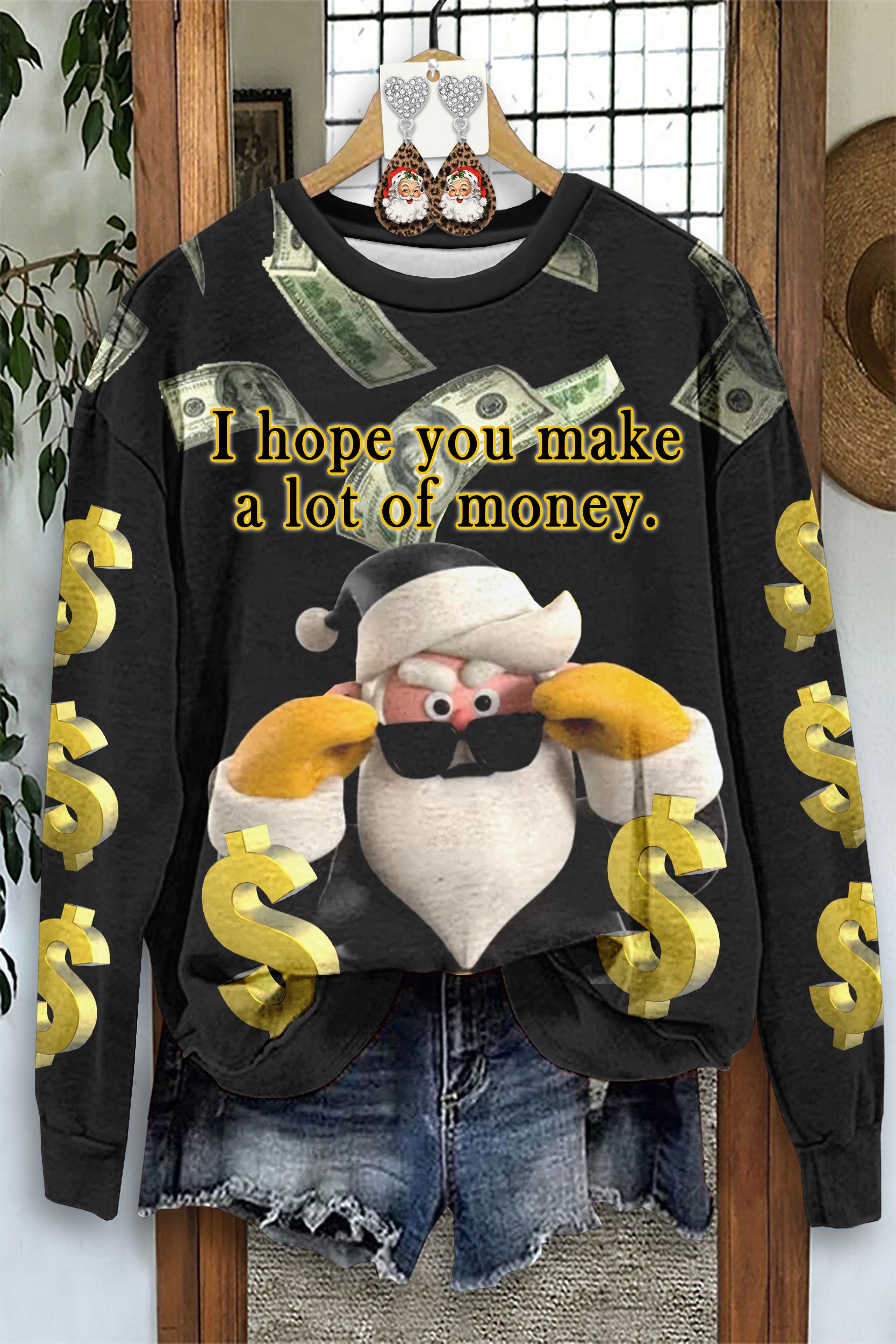 Classic Christmas Santa Dollar Print Sweatshirt