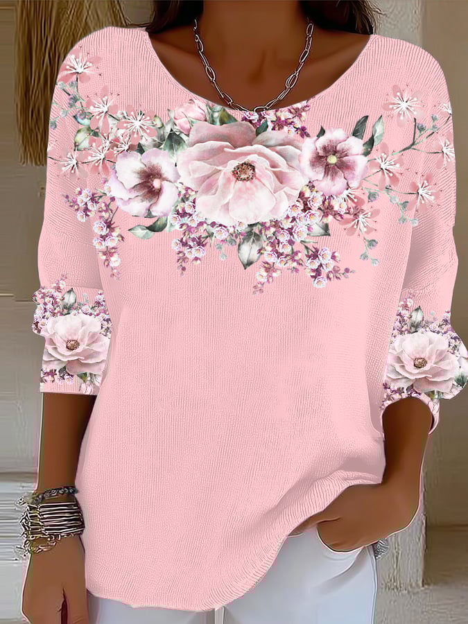 Women's Retro Pink Floral Gradient Art Print Sweater