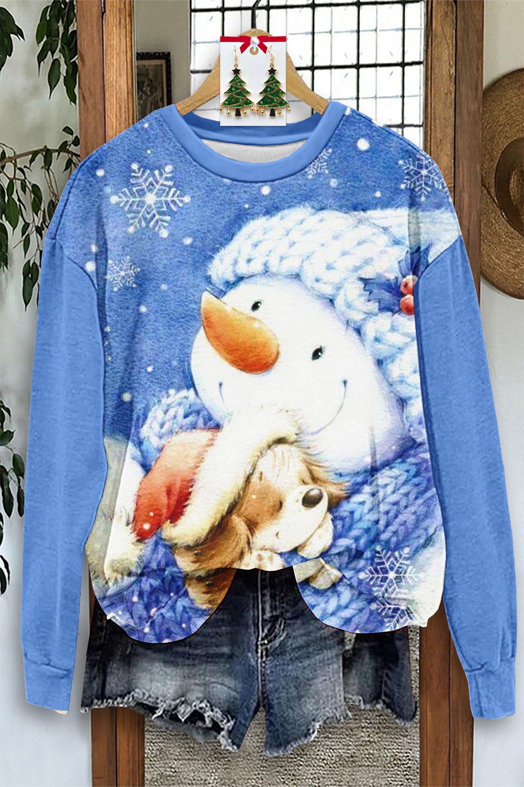 Casual Christmas Snowman Print Long Sleeve Top