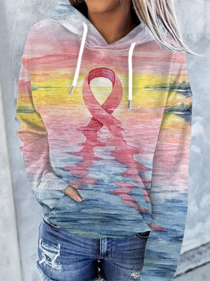 Women'S Casual Pink Ribbon Breast Cancer Art Printed Hooded Long-Sleeve Sweatshirt