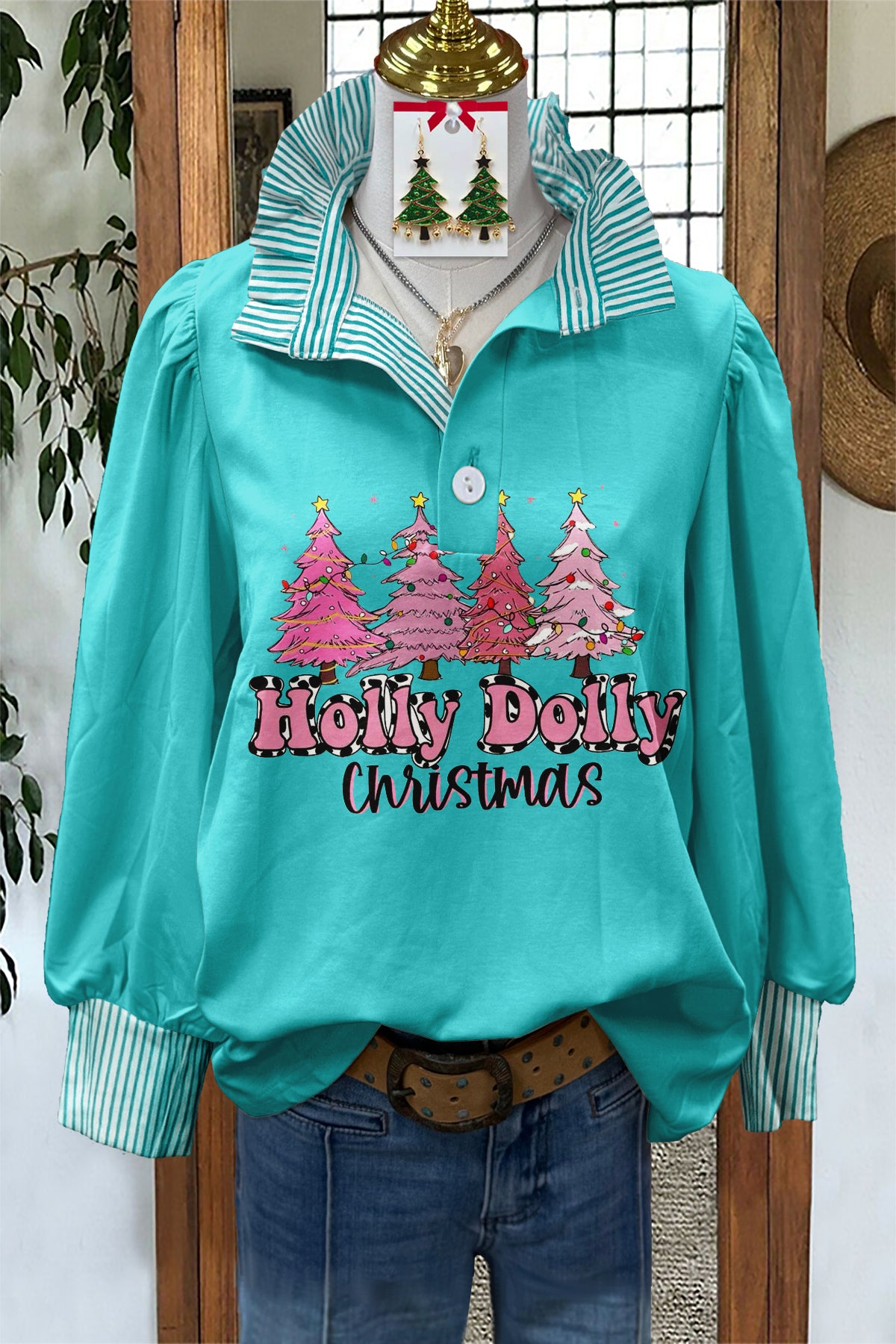 Fresh Christmas Tree Print Stand Collar Blouse