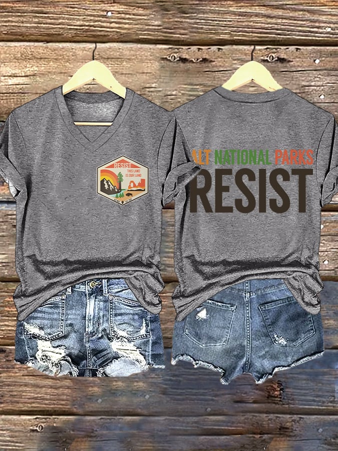 V-neck Retro ALT National Parks Resist This Land Is Our Land Print T-Shirt