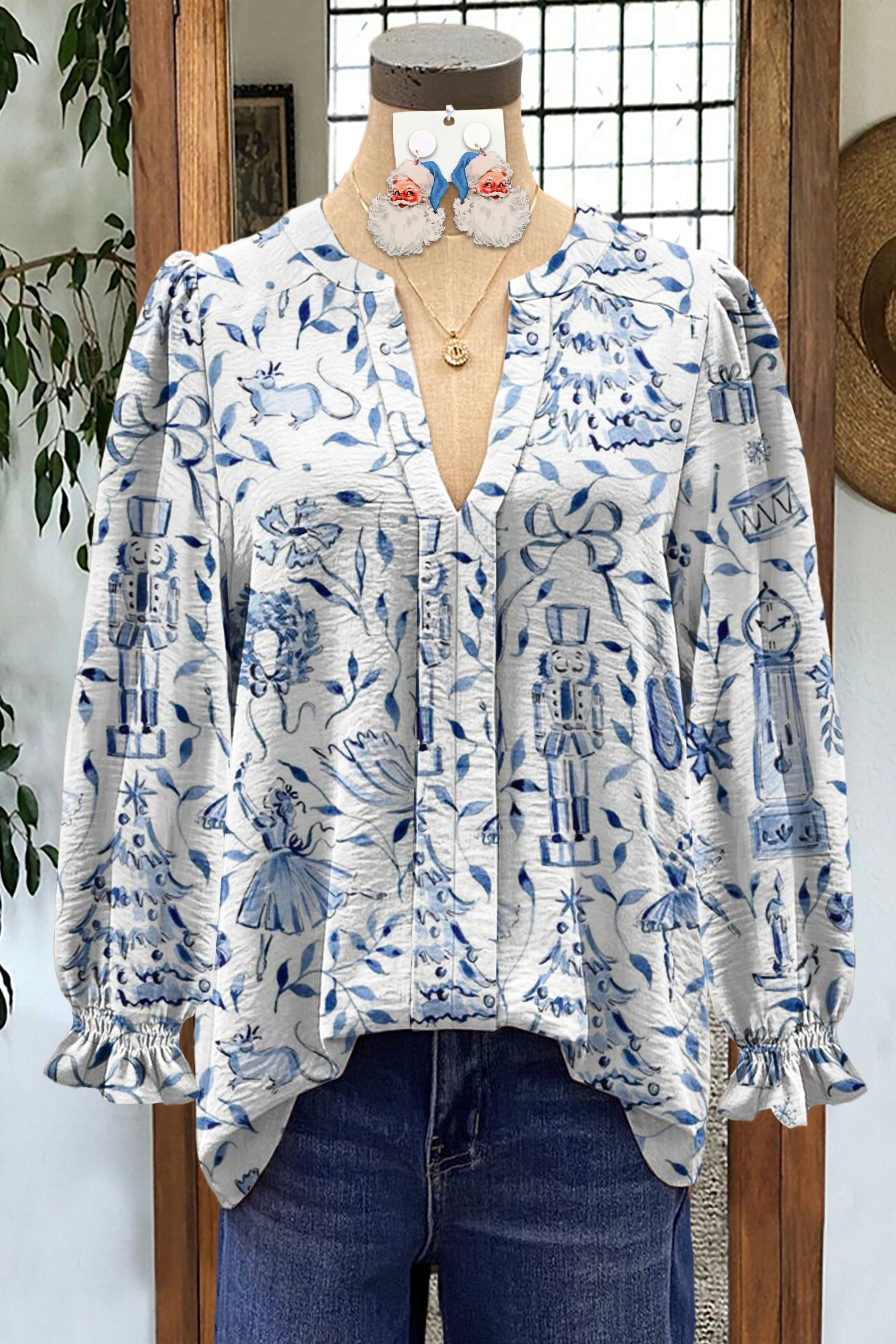 Christmas Nutcracker Print V-Neck Blouse