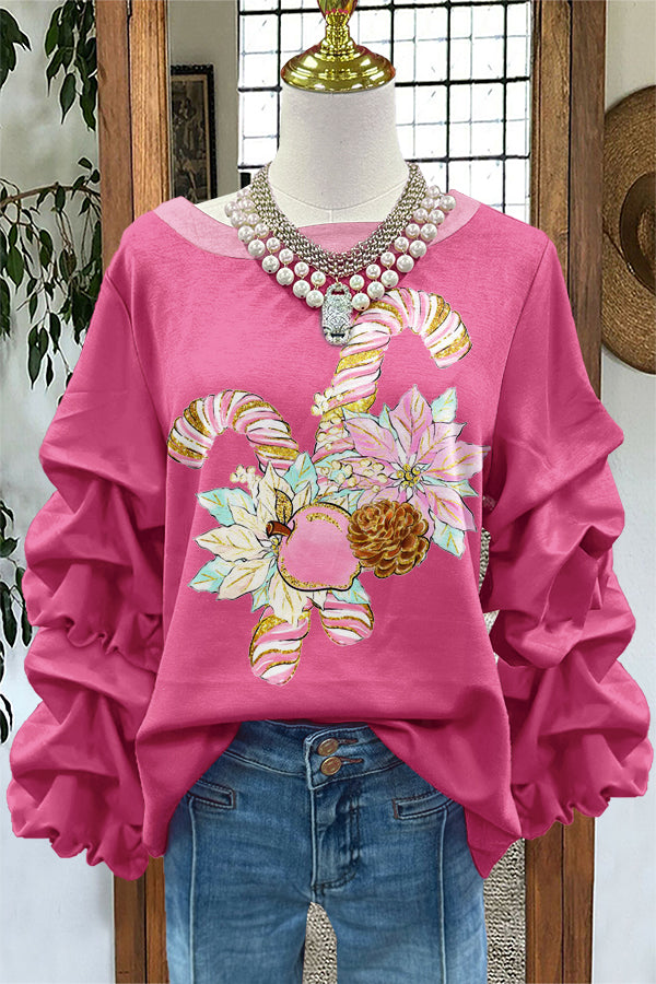 Sweet Christmas Cane Print Pleated Sweatshirt
