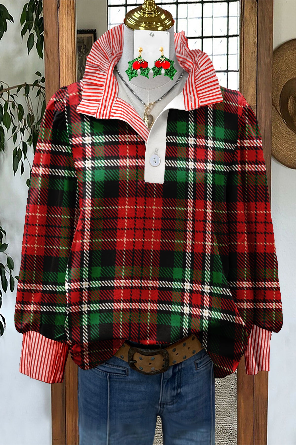 Christmas Plaid Striped Graphic Print Blouse