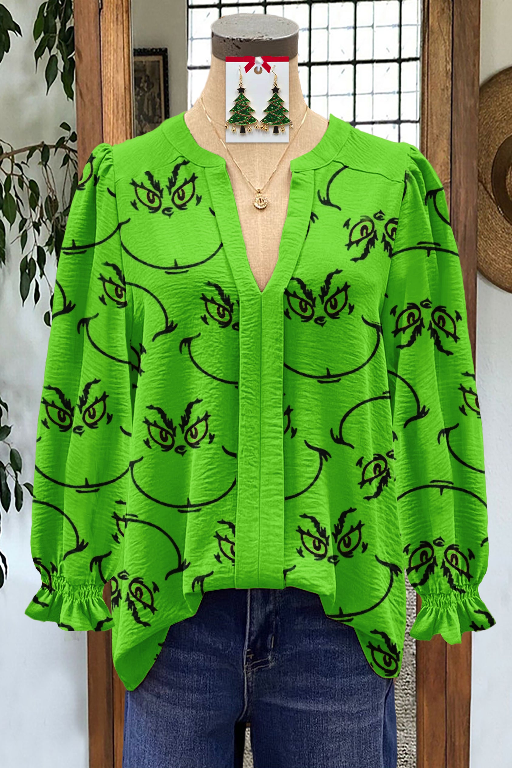 Christmas Grinch Print V-Neck Blouse