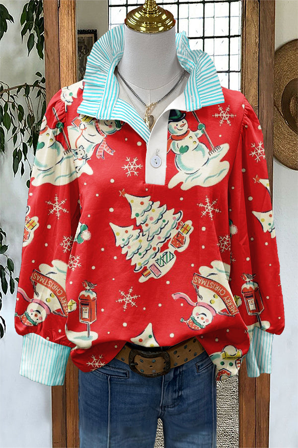 Retro Christmas Snowman Print Puff Sleeve Blouse