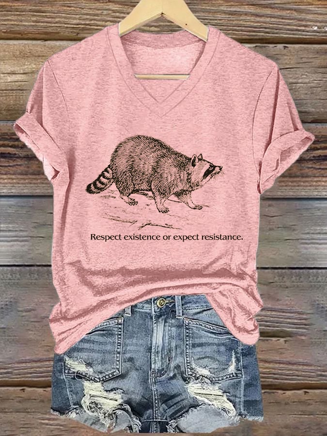 Women's Respect Existence Raccoon National Parks Printed V-Neck T-Shirt
