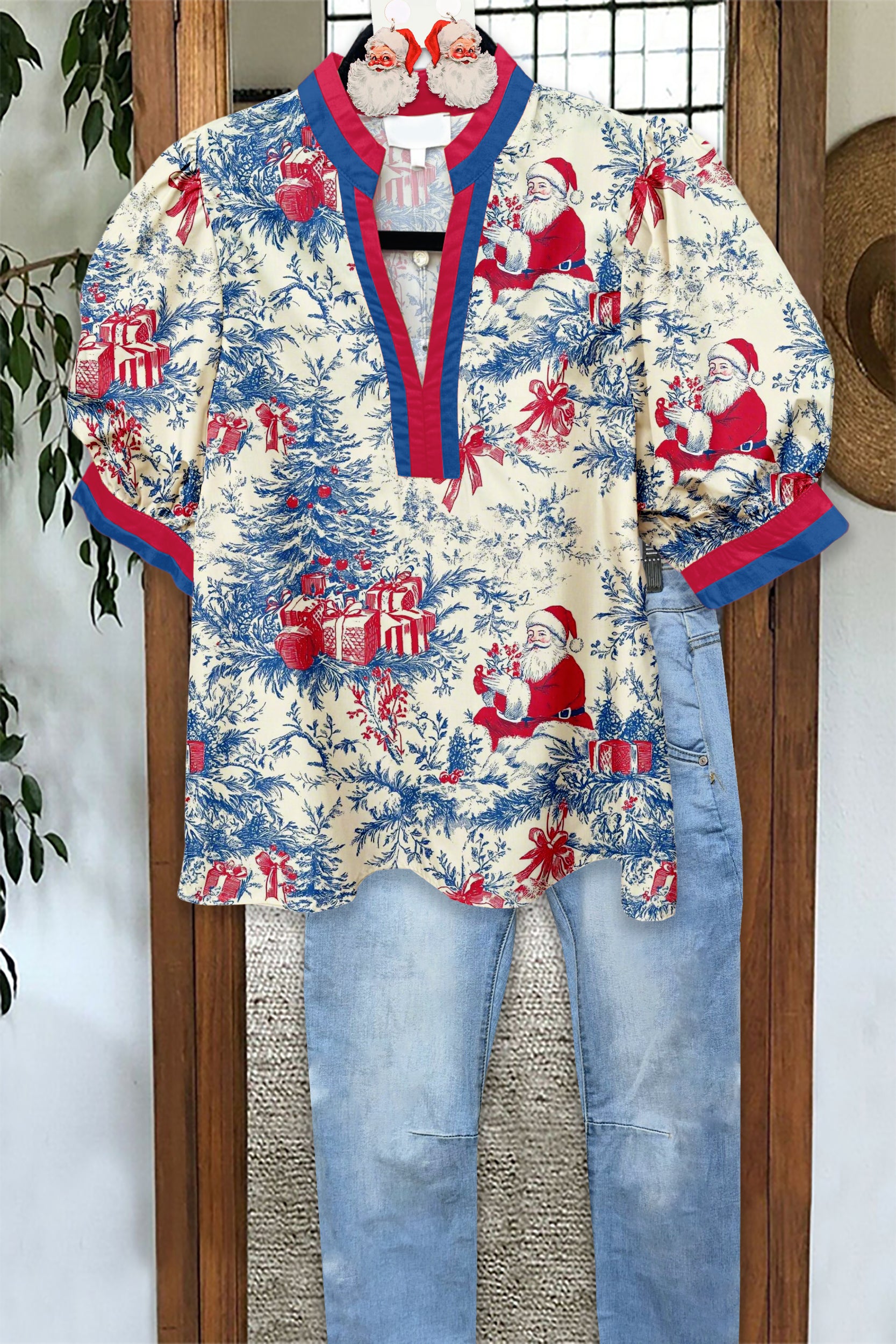 Vintage Christmas Santa Claus Puff Sleeve Blouse