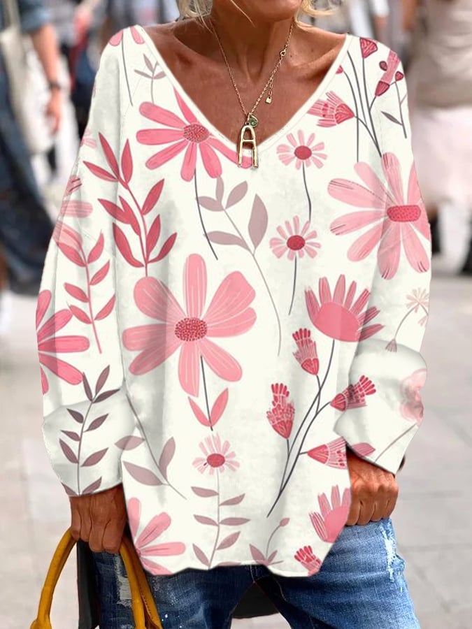 Women's Breast Cancer Pink Flower Print Casual Long Sleeve T-Shirt