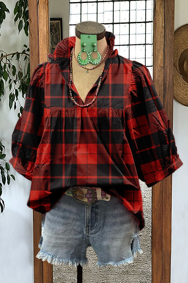Red Black Plaid Puff Sleeve Blouse