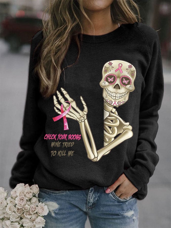 Skeleton Pink Ribbon Print Sweatshirt
