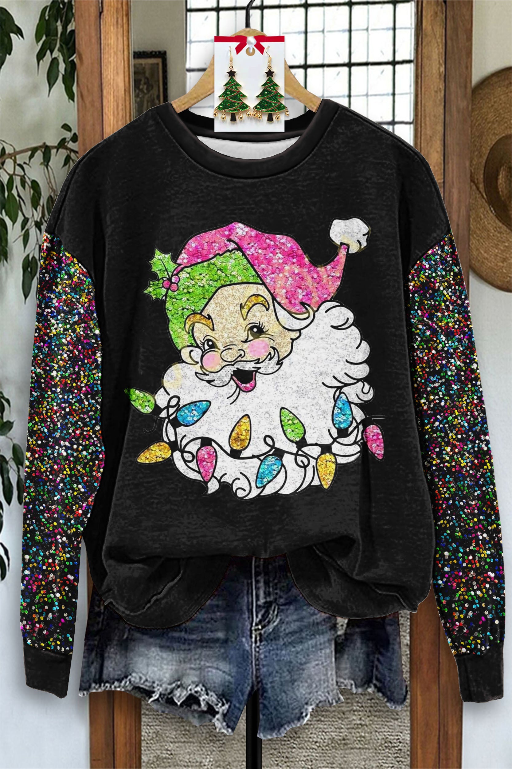 Shiny Sequin Sleeve Santa Print Sweatshirt