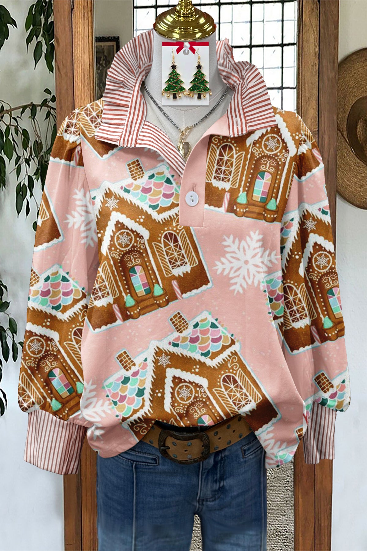 Sweet Christmas Gingerbread House Print Stand Collar Blouse