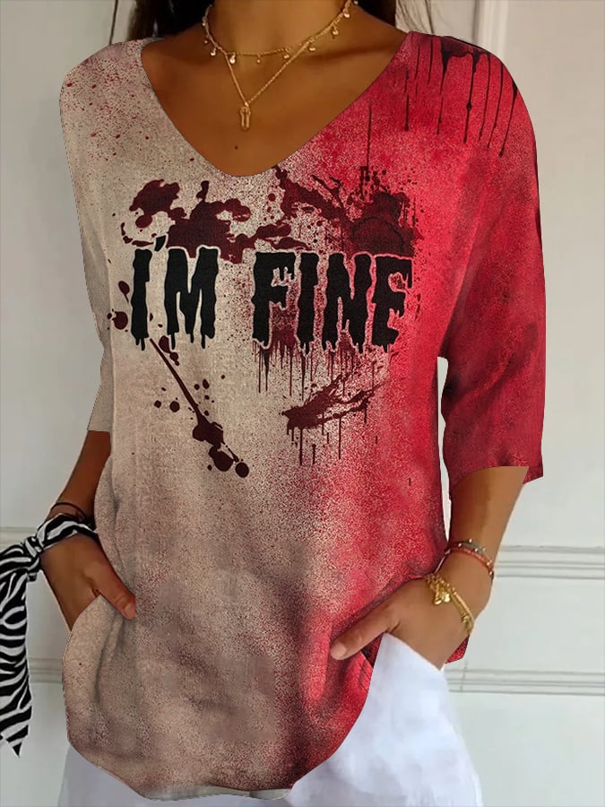 Women's Bloody Problem Solved Halloween Print Striped Fabric Casual V-Neck T-Shirt