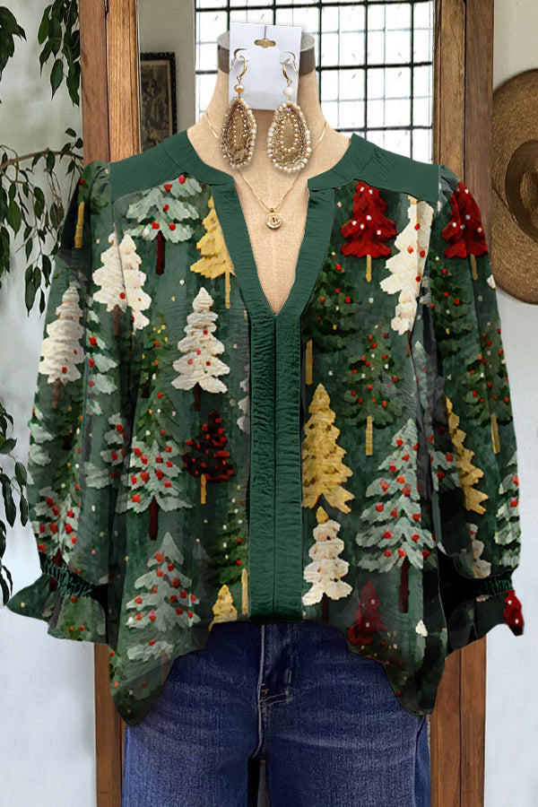Elegant Christmas Tree Contrast Print Blouse