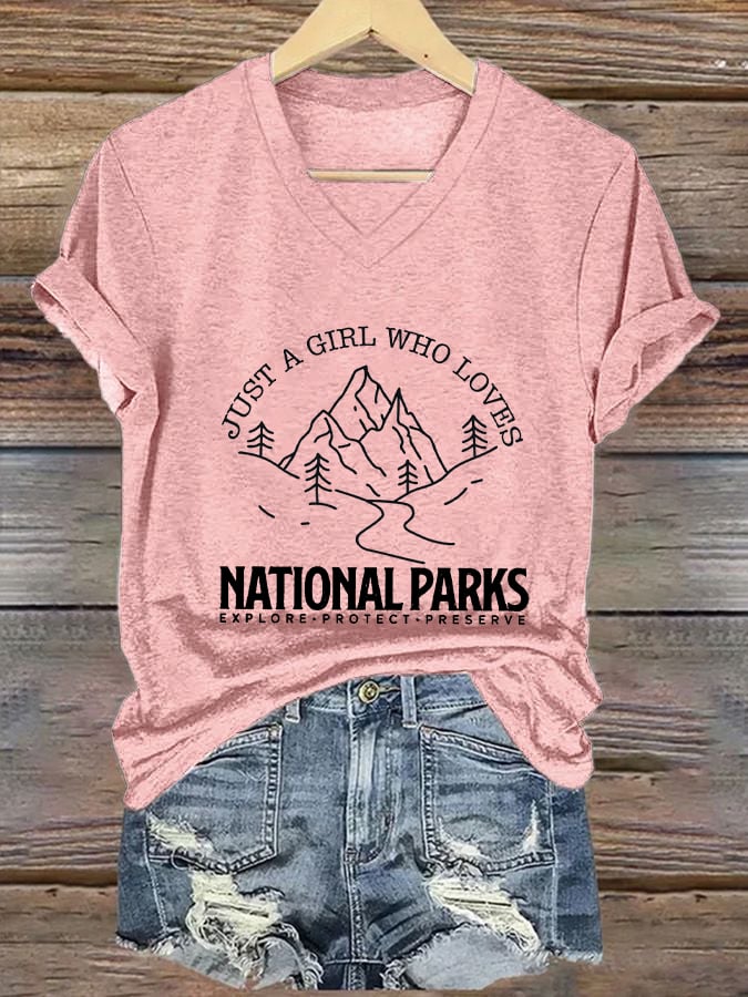 Women's Just A Girl Who Loves National Parks Printed V-Neck T-Shirt