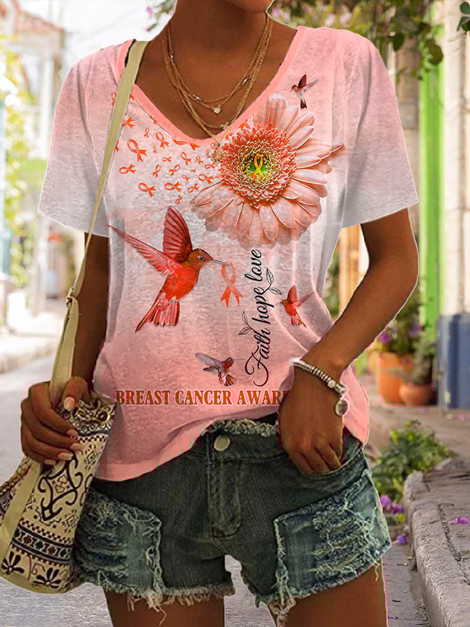 Faith Hope Love Breast Cancer Awareness Print T-Shirt