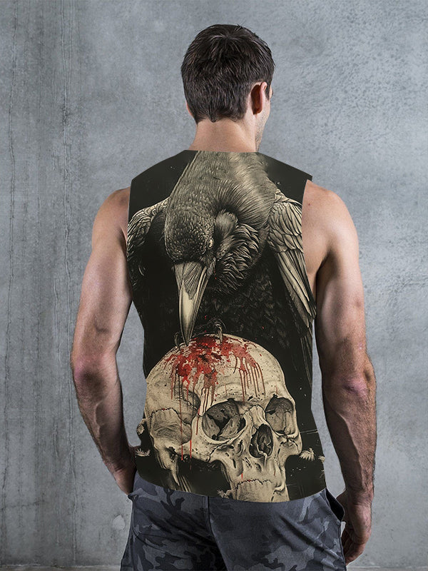 Eagle Eating Skull Blood Art Printed Men's Tank Tops