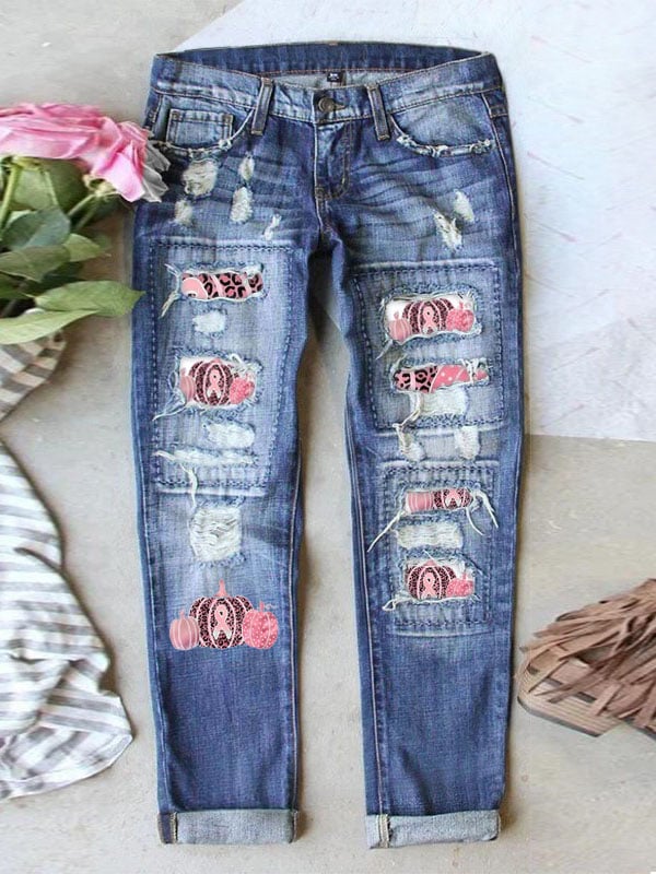 Breast Cancer Ripped Print Casual Jeans
