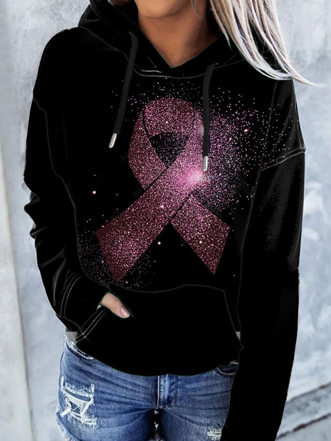 Women'S Casual Ribbon Breast Cancer Art Printed Hooded Long-Sleeve Sweatshirt
