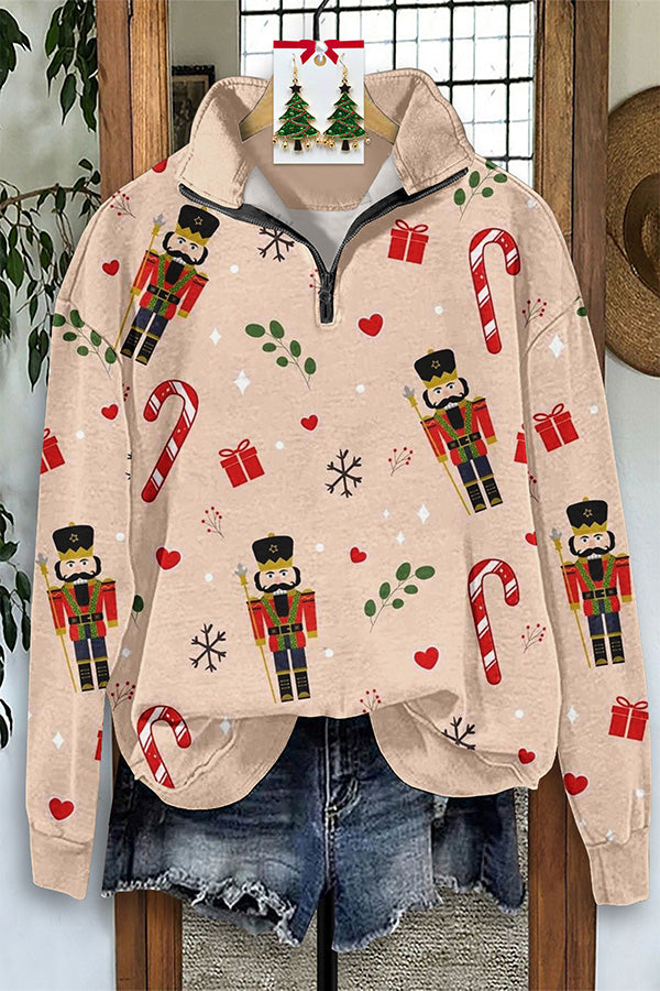 Vintage Christmas Nutcracker Print Zip-Up Sweatshirt