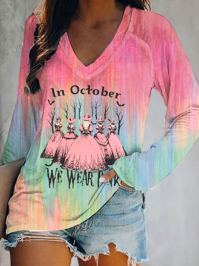 Women's Breast Cancer Printed V-Neck T-Shirt