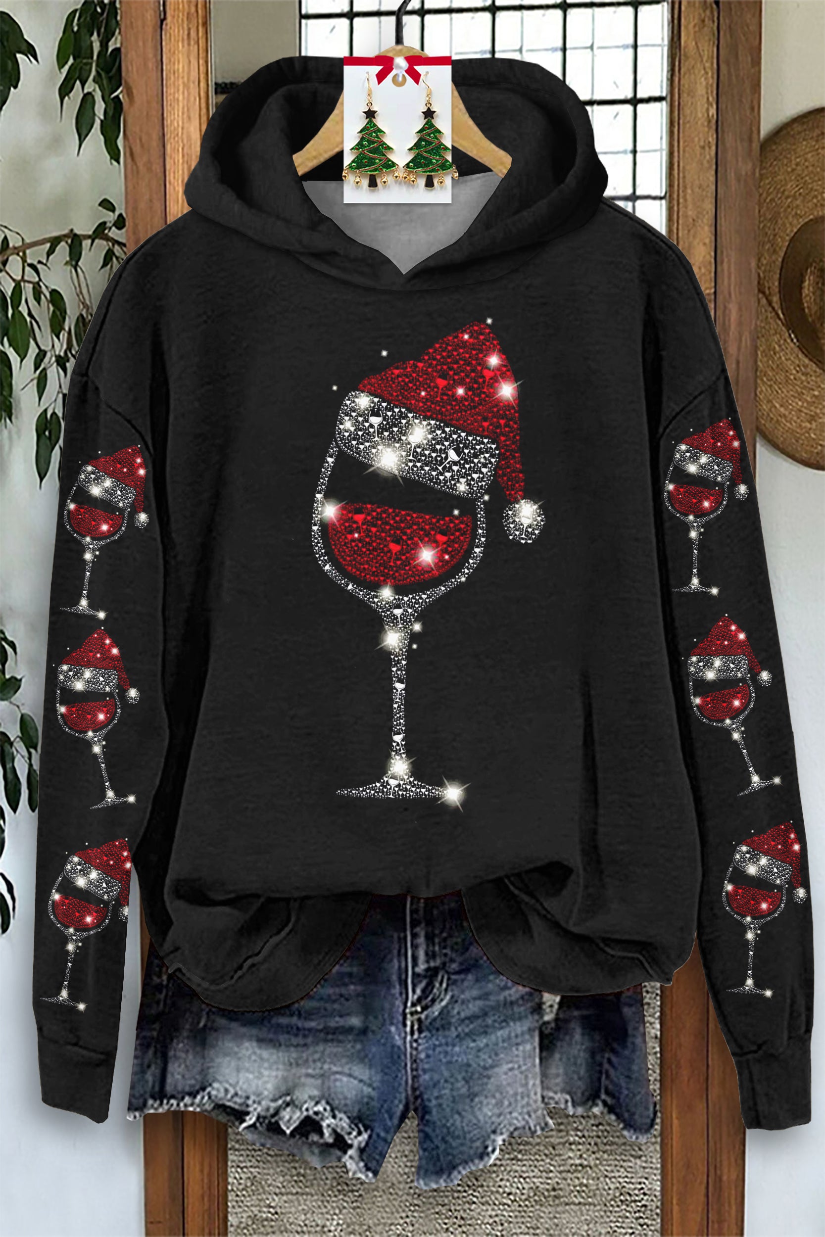 Classic Christmas Wine Glass Print Hoodie