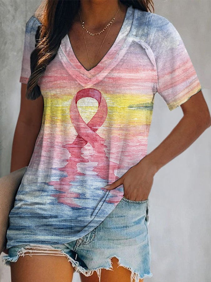 Women's Pink Ribbon Breast Cancer Art Print Short Sleeve T-Shirt