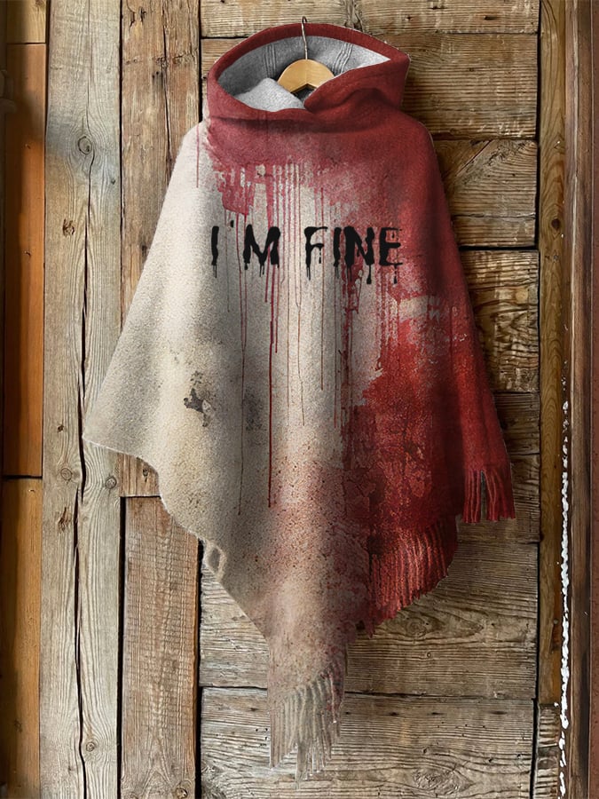 Women's Bloody I'm Fine Halloween Print Plush Hooded Cape