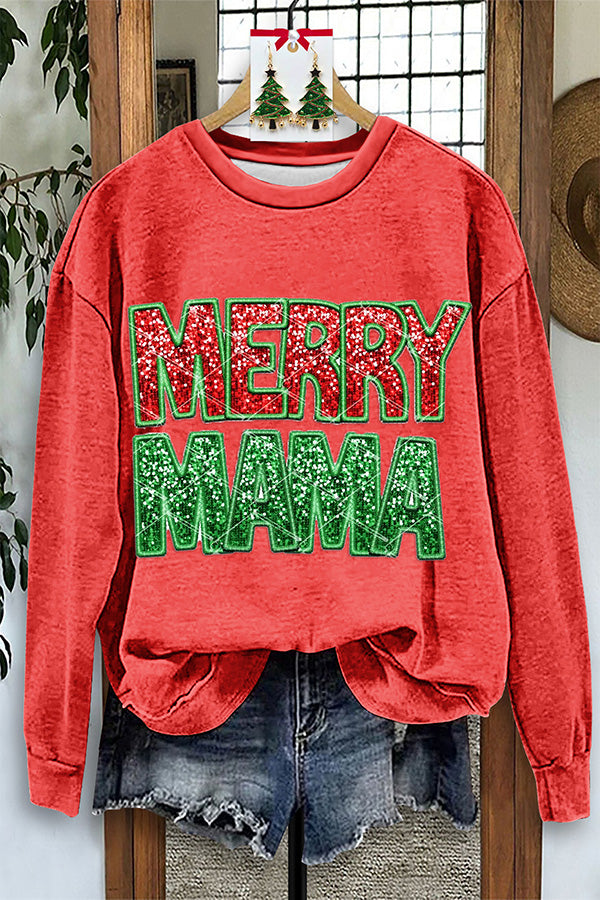 Shiny Merry Mama Sequin Print Sweatshirt
