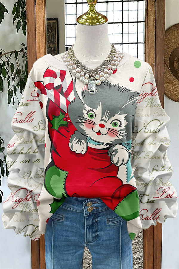 Cute Christmas Cat Print Pleated Sweatshirt