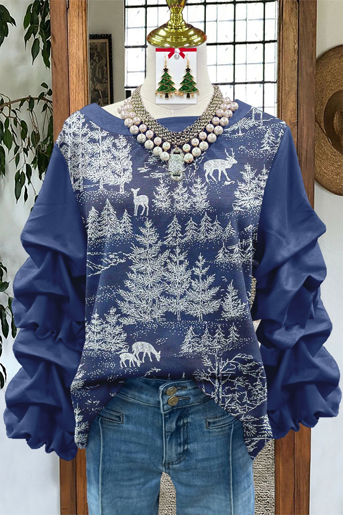 Classic Christmas Tree Print Pleated Sweatshirt