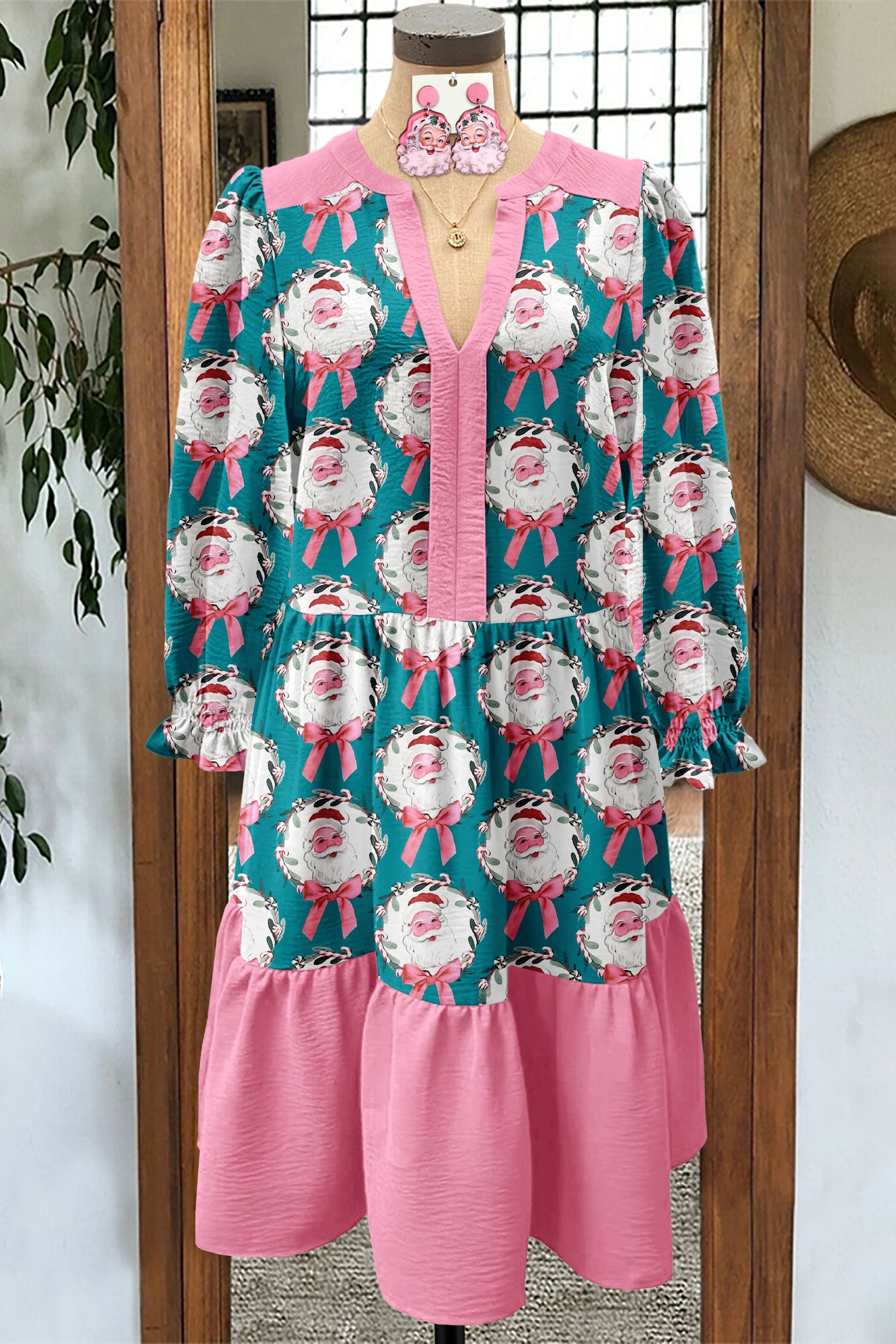 Sweet Christmas Santa Claus Print Pleated Dress