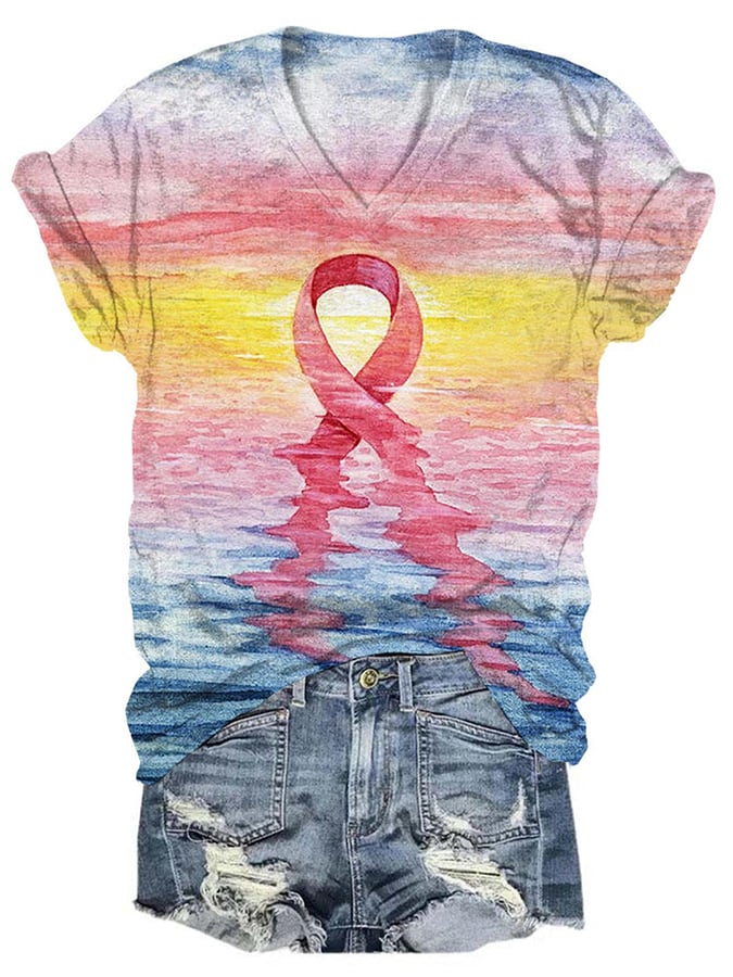 Women's Casual Pink Ribbon Breast Cancer Art Print Short Sleeve T-Shirt