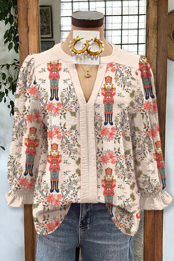 Casual Nutcracker Print V-neck Contrast Paneled Blouse