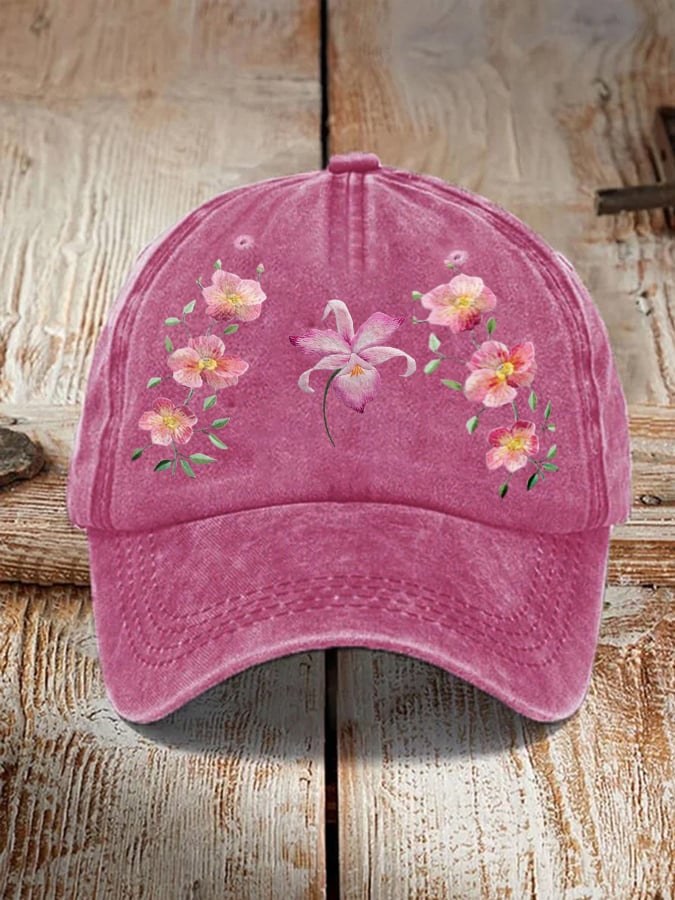 Unisex Breast Cancer Floral Distressed Washed Cap